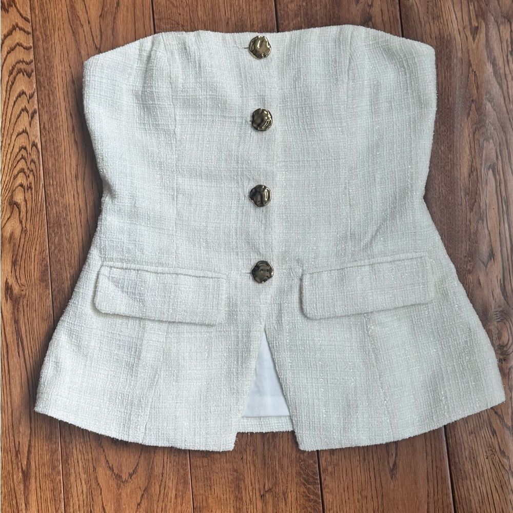 Hello Molly Ivory Strapless Tweed Peplum Top